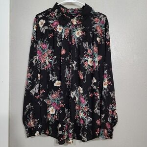 Torrid 3x Women's Long Sleeve Blouse Black Floral Georgette Fabric